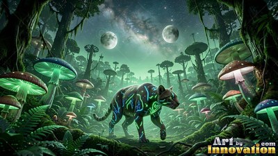 Striped cat walking under two moons and giant mushrooms