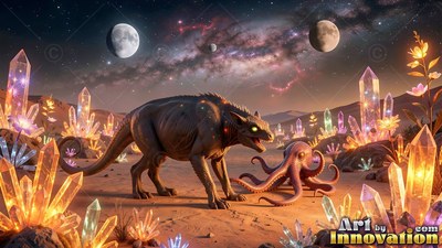 Leathery skin covers a reptilian beast facing a purple octopus on a crystal-filled desert beneath three moons