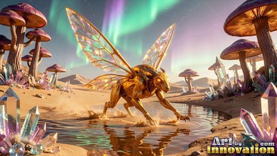 A winged golden creature splashes through desert water under green aurora light