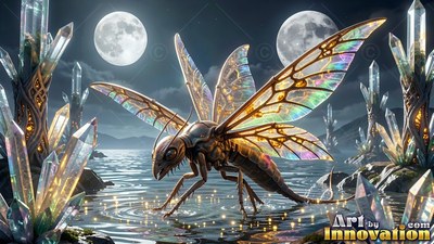 Perched over rippling water, a winged insect stands by crystals under twin moons