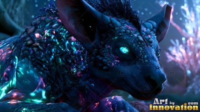 A dark scaly alien creature rests with bright blue eyes in the night