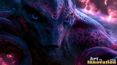 In purple smoke, an alien creature with blue eyes crouches forward