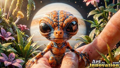Sitting in an open palm, a small orange and blue alien creature stares forward