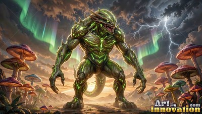A green reptilian monster stands on a dirt path by mushrooms