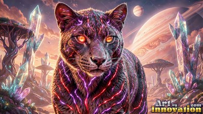 Red lines run through the dark fur of a panther standing near tall crystals under a ringed planet