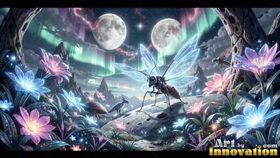 A winged insect stands on a rock near blue flowers under pale green sky lights