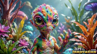 Facing forward, a colorful spotted alien stands in a garden of strange plants