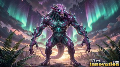 A purple muscular monster stands on a path under green northern lights