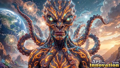 In front of outer space and mountains, an alien creature has tentacles and bright lines