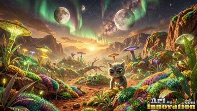 Walking on a dirt trail, a small furry creature explores hills covered in bright mushrooms