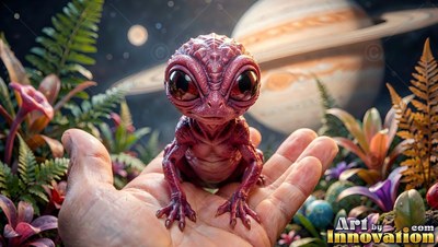 A small purple alien sits on an open palm under a ring ed planet