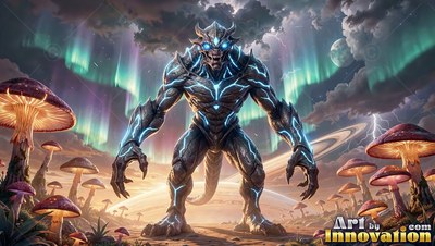 Bright blue cracks trace the armored skin of a horned creature standing in a field of giant mushrooms