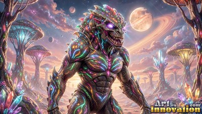 A reptilian monster stands on a desert planet, covered in bright neon streaks