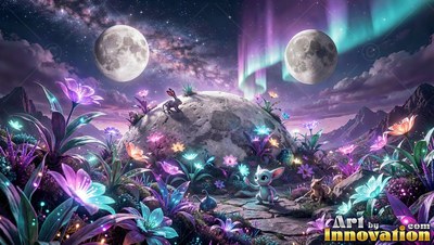Sitting on a path, a small white creature looks up under twin moons