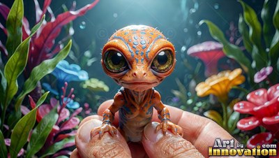 A tiny orange alien with big green eyes sits in a person's fingers near plants
