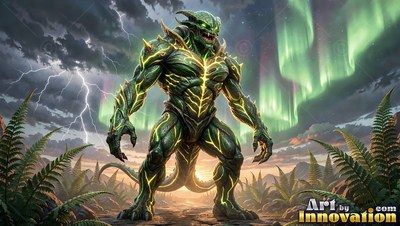 Under green northern lights, a horned green monster stands on rocky ground