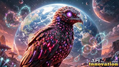 Perching in front of planets, a stone bird shows purple eyes and pink light on its feathers