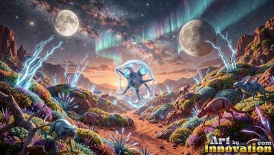 Small creatures walk on hills beneath two moons and auroras