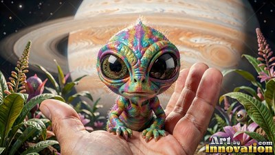 With patterned rainbow skin, a tiny alien sits on an open palm before a ringed planet