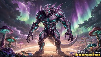 A muscular alien beast stands on a field of mushrooms beneath bright purple auroras