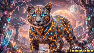 Facing forward, a striped leopard stands on a rocky plain under moons