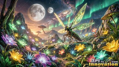 A winged insect stands on a hill covered in colorful flowers under two moons