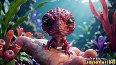In a lush jungle, a tiny red creature with big dark eyes rests on an open hand