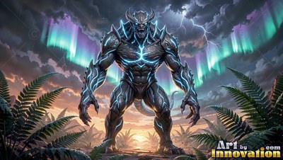 Standing tall between dark ferns, a horned monster shows bright blue cracks on gray skin