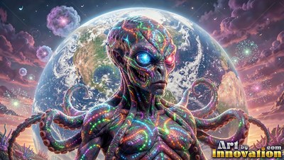 Octopus alien with colorful skin against a blue planet