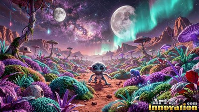 Big black eyes gaze outward from a small alien creature on a purple mushroom plain under two moons