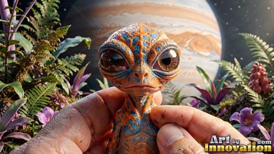 A small alien creature rests in two hands under the soft light of a striped planet