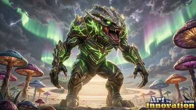 Standing crouched in a field of mushrooms, an armored reptilian monster roars