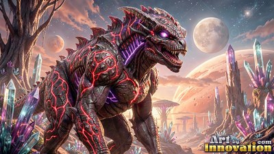 A scaly monster with red cracks stands among purple crystals under two moons