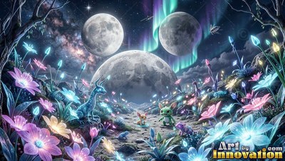 In a bright field of flowers under three moons, small fantasy creatures gather