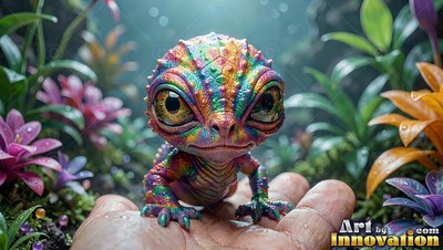 Sitting on an open palm, a tiny rainbow lizard stares ahead near jungle plants