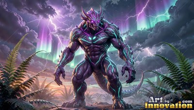 Muscular purple alien monster standing under lightning skies