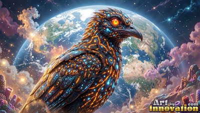 Spotted orange and blue feathers cover a bird sitting in front of a blue planet in space