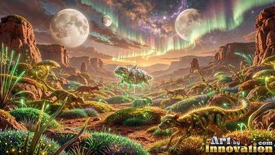 Small lizards walk through mossy canyon hills under green northern lights