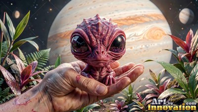 Crouched on an open palm, a tiny pink alien sits before a giant striped planet