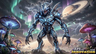 A horned blue alien monster stands tall near giant mushrooms beneath a ringed planet