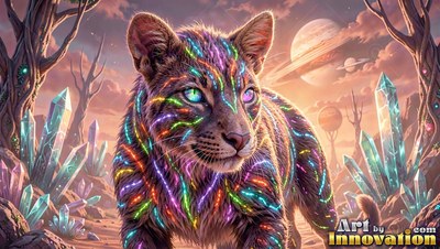 On a crystal-covered desert world, a small cat with colorful stripes walks forward