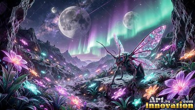 Perched on a rocky ridge, a winged insect creature pauses beneath two moons and auroras