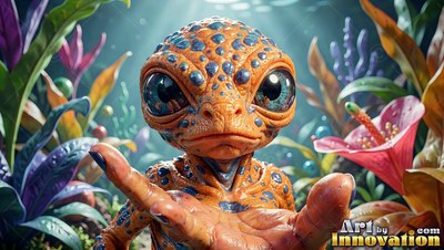 A small spotted reptile creature holds out its hand by colorful plants