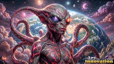 An alien with tentacles stands in space, lit by red cracks over its dark skin
