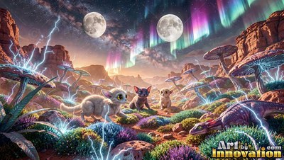 Prowling low across a strange valley, small furry creatures walk under twin moons