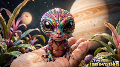 A tiny rainbow alien creature sits in an open hand before a giant striped planet