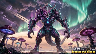 On a planet of giant mushrooms, a horned purple monster stands under green auroras