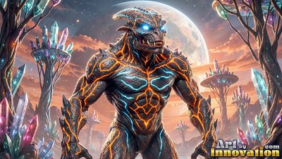 Standing on a strange planet, a horned reptile creature with fiery cracks faces forward