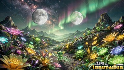 Small green creature walking through bright flowers under two moons
