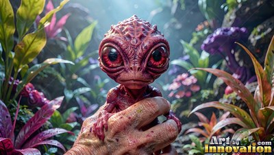 Large dark red eyes mark a tiny alien creature held in a hand in a jungle